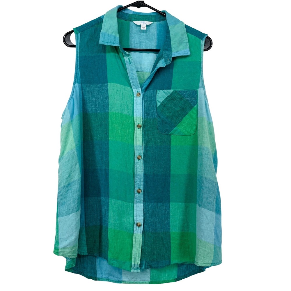 Time and Tru Size L Sleeveless Button‎ Down Shirt Green Teal Plaid Linen Blend